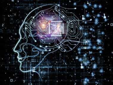 CPU zihin serisi. İnsan yüzü siluet ve teknoloji sembolleri konular bilgisayar bilimi, yapay zeka ve iletişim için görsel olarak hoş bileşimi