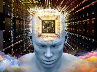 İşlemci serisi için sorun. İnsan kafasına perspektif yapay zeka, akıl, kitle iletişim araçları ve modern teknoloji projeleri için Cpu ile 3D çizimi