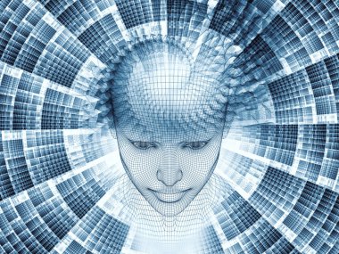 3D render - zihin alan serisi. Tel kafes insan modeli başkanı sanatsal arka plan yaptı ve yapay zeka, bilim ve teknoloji projelerde kullanılmak üzere fraktal patters