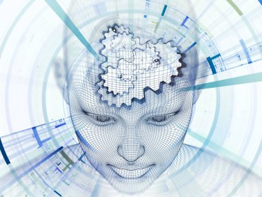 3D Renderleme Zihin Sahası serisi. Yapay zeka, bilim ve teknolojiyle ilgili projelerde zemin görevi görmesi için tel örgüsü insan modeli ve fraktal patinajlardan oluşan tasarım