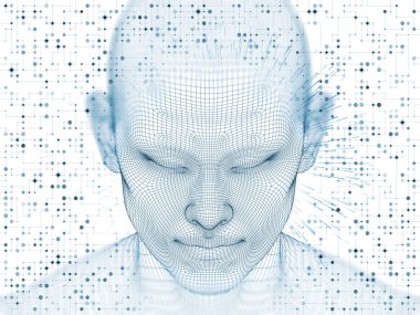 3D render - zihin alan serisi. Yapay zeka, bilim ve teknoloji konusunda tasarımlar tamamlayacak tel kafes insan modeli ve fraktal patters başkanı fon