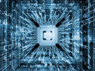 Bilgi işlem makinesi serisi. Cpu 3D çizimi bilgisayar bilimi, dijital dünyada, sanal gerçeklik ve modern teknoloji konu için perspektif fraktal ortamında ile