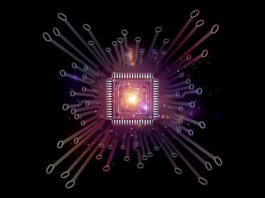 Makine serisi hesaplanıyor. Bilgisayar bilimi, dijital dünya, sanal gerçeklik ve modern teknoloji konularına perspektif olarak Fraktal ortama sahip üç boyutlu CPU çizimi