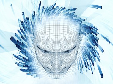 3D render - zihin alan serisi. Tel kafes insan modeli ve fraktal patters uygun yapay zeka, bilim ve teknoloji ile ilgili projelerde başkanı soyut kompozisyon