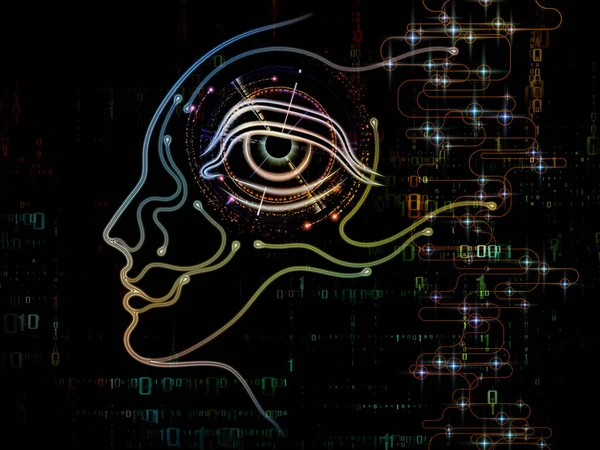 Digital Mind series. Artistic background made of silhouette of human face and technology symbols for use with projects on computer science, artificial intelligence and communications