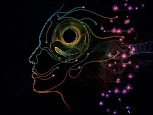 Digital Mind series. Abstract composition of silhouette of human face and technology symbols for projects on computer science, artificial intelligence and communications