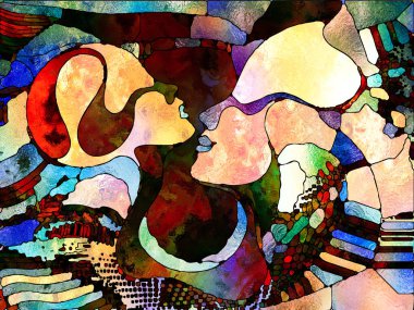 Lekeli Glass Forever serisi. Sanat, uzay bölünmesi ve tasarım konularındaki renk parçaları, şekil desenleri ve sembollerin arkaplan bileşimi