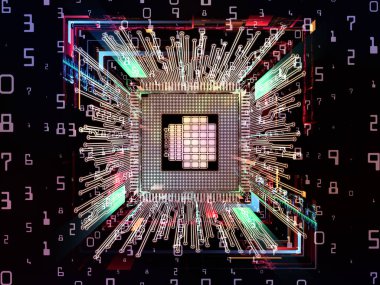 Bilgi işlem makinesi serisi. Cpu 3D çizimi bilgisayar bilimi, dijital dünyada, sanal gerçeklik ve modern teknoloji projeleri için perspektif fraktal ortamında ile