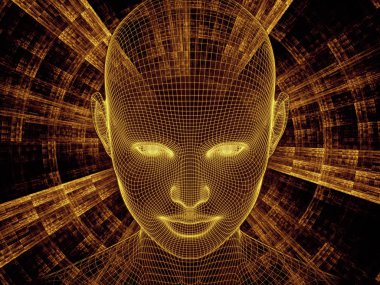 Zihin serisi yayılıyor. insan zihni, yapay zeka ve sanal gerçeklik konusunda insan baş ve fraktal deseninin Çelik hasır modelinin 3D render tasarım