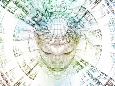 3D render - zihin alan serisi. Tel kafes insan modeli ve fraktal patters yapay zeka, bilim ve teknoloji konusunda başkanı fon