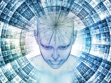 3D Renderleme Zihin Sahası serisi. Tel örgüsü insan modeli ve yapay zeka, bilim ve teknoloji üzerine fraktal paternlerin etkileşimi