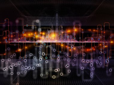 Bağlı dünya serisi. Ağ diyagramları, yüksek teknoloji semboller ve fraktal desenleri modern teknoloji, eğitim ve bilgisayar iletişim konuyla ilgili kompozisyon