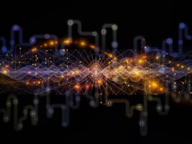 Bağlı dünya serisi. Ağ diyagramları, yüksek teknoloji sembolleri ve modern teknoloji, eğitim ve bilgisayar iletişim konusunda fraktal desenler arka plan kompozisyonu