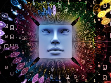 Yapay zeka serisi. İnsan yüzü ve bilgisayar öğeleri süper insan AI, bilgisayar bilinç ve teknoloji konusunda 3d çizimi yapılmış soyut tasarım