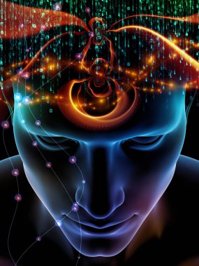 Zihin dizi elemanları. insan kafası ve sembolleri bilim, eğitim ve zihin gücü konusunda teknolojinin 3D çizimi