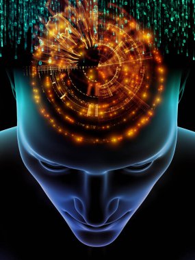 Zihin dizi elemanları. insan kafası ve sembolleri bilim, eğitim ve zihin gücü konusunda teknolojinin 3D çizimi