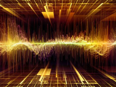 Dalga Fonksiyonu serisi. Ses eşitleyici, müzik spektrumu ve kuantum olasılığının metaforu olarak renkli sinüs titreşimleri, ışık ve fraktal elementlerden oluşan tasarım