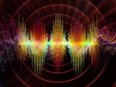 Dalga Fonksiyonu serisi. Ses eşitleyici, müzik spektrumu ve kuantum olasılığı üzerine renkli sinüs titreşimleri, ışık ve fraktal elementlerin arkaplanı
