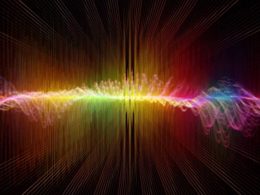 Dalga Fonksiyonu serisi. Ses eşitleyici, müzik spektrumu ve kuantum olasılığı üzerine renkli sinüs titreşimleri, ışık ve fraktal elementlerin arkaplanı