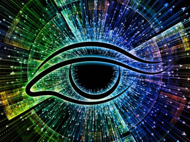 Bilgi serisi gözü. Bilim, eğitim ve modern teknoloji konusunda göz simgesini ve ok oluşan patlama
