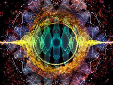 Dalga Fonksiyonu serisi. Ses eşitleyici, müzik spektrumu ve kuantum olasılığı için renkli sinüs titreşimleri, ışık ve fraktal elementlerin grafiksel bileşimi