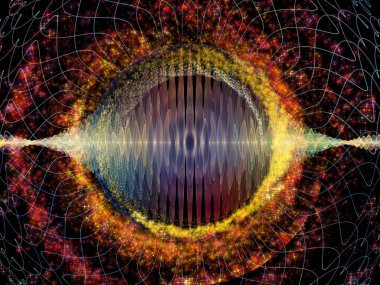 Dalga Fonksiyonu serisi. Ses eşitleyici, müzik spektrumu ve kuantum olasılığı için renkli sinüs titreşimleri, ışık ve fraktal elementlerin grafiksel bileşimi