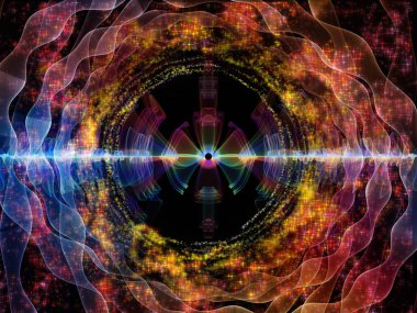 Dalga Fonksiyonu serisi. Ses eşitleyici, müzik spektrumu ve kuantum olasılığı konularında renkli sinüs titreşimleri, ışık ve fraktal elementlerin düzenlenmesi