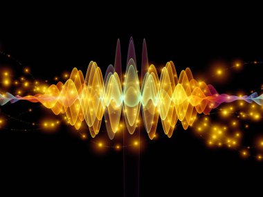 Dalga Fonksiyonu serisi. Ses eşitleyici, müzik spektrumu ve kuantum olasılığının metaforu olarak renkli sinüs titreşimleri, ışık ve fraktal elementlerden oluşan tasarım