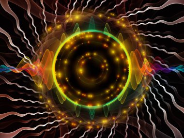 Dalga Fonksiyonu serisi. Ses eşitleyici, müzik spektrumu ve kuantum olasılığı üzerine renkli sinüs titreşimleri, ışık ve fraktal elementlerin arkaplanı