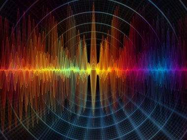 Dalga fonksiyonu serisi. Renkli sinüs titreşimler kompozisyon, ışık ve fraktal elemanları ses ekolayzer, mecazi ilişkisi ile müzik spektrum ve kuantum olasılık