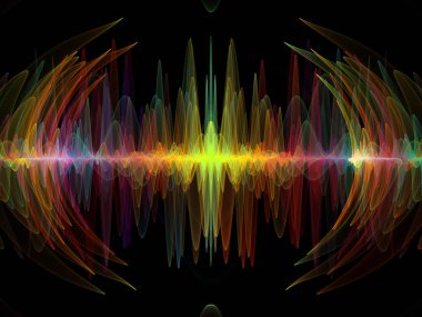 Dalga fonksiyonu serisi. Renkli sinüs titreşimler arka plan kompozisyon, ışık ve fraktal öğeleri ses ekolayzer, konu üzerinde müzik spektrum ve kuantum olasılık
