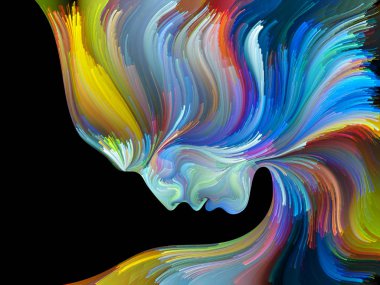 Yüz renk serisi. İnsan profili ve yaratıcılık, tasarım, iç dünya, içgüdü ve sanatsal ruh konusunda boya hareketli renkli çizgiler bileşimi