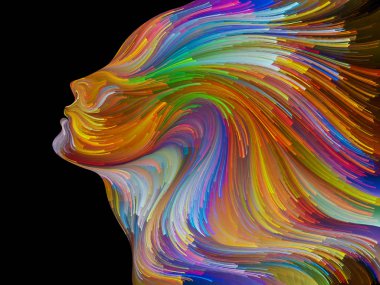 Yüz renk serisi. İnsan profili ve yaratıcılık, tasarım, iç dünya, içgüdü ve sanatsal ruh konusunda boya hareketli renkli çizgiler bileşimi