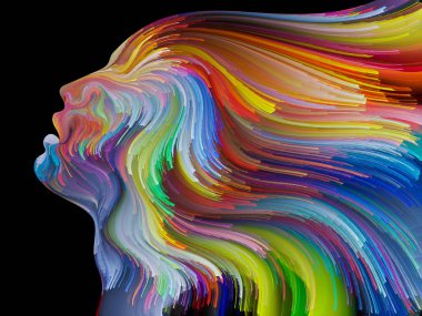 Yüz renk serisi. İnsan profili ve yaratıcılık, tasarım, iç dünya, içgüdü ve sanatsal ruh konusunda boya hareketli renkli çizgiler soyut tasarım yapılmış