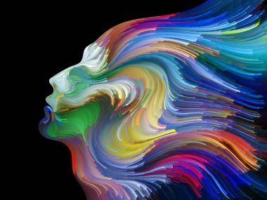 Yüz renk serisi. Tasarım insan profili ve boya bir metafor olarak yaratıcılık, tasarım, iç dünya, içgüdü ve sanatsal ruh konusunda hareketli renkli çizgiler oluşur