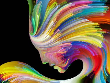 Yüz renk serisi. Tasarım insan profili ve boya bir metafor olarak yaratıcılık, tasarım, iç dünya, içgüdü ve sanatsal ruh konusunda hareketli renkli çizgiler oluşur