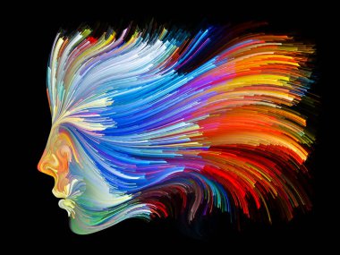 Renk serisinin yüzü. Yaratıcılık, tasarım, iç dünya, insan doğası ve sanatsal ruh projeleri için uygun bir zemin olarak insan profili ve renkli renkli boya çizgileri.