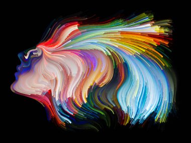 Yüz renk serisi. Sanatsal soyutlama insan profili ve yaratıcılık, tasarım, iç dünya, içgüdü ve sanatsal ruh konusunda boya hareketli renkli çizgiler oluşur