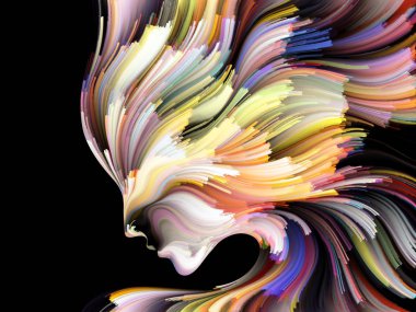 Yüz renk serisi. İnsan profili ve yaratıcılık, tasarım, iç dünya, içgüdü ve sanatsal ruh konusunda boya hareketli renkli çizgiler bileşimi