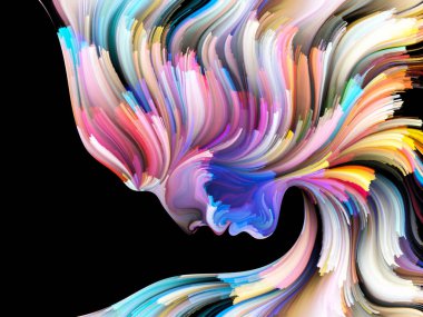 Yüz renk serisi. İnsan profili ve yaratıcılık, tasarım, iç dünya, içgüdü ve sanatsal ruh konusunda boya hareketli renkli çizgiler soyut tasarım yapılmış