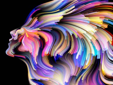 Yüz renk serisi. Tasarım insan profili ve boya bir metafor olarak yaratıcılık, tasarım, iç dünya, içgüdü ve sanatsal ruh konusunda hareketli renkli çizgiler oluşur