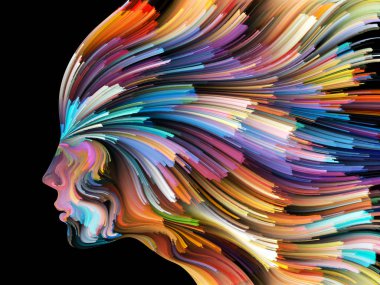 Renk serisinin yüzü. İnsan profilinin düzenlenmesi ve yaratıcılık, tasarım, iç dünya, insan doğası ve sanatsal ruh konularında renkli çizgiler