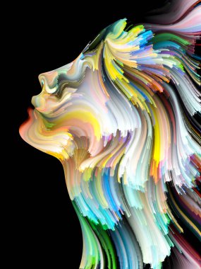 Yüz renk serisi. İnsan profili ve yaratıcılık, tasarım, iç dünya, içgüdü ve sanatsal ruhu projelerde kullanılmak üzere boya hareketli renkli çizgiler arka plan yapılmış