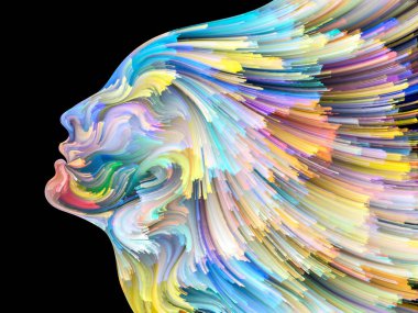 Yüz renk serisi. İnsan profili ve yaratıcılık, tasarım, iç dünya, içgüdü ve sanatsal ruhu projelerde kullanılmak üzere boya hareketli renkli çizgiler arka plan yapılmış