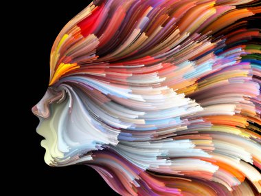 Yüz renk serisi. İnsan profili ve boya bir kavramı mecaz yaratıcılık, tasarım, iç dünya, insan doğası ve sanatsal ruhu konuda hareketli renkli çizgiler yaratıcı düzenleme