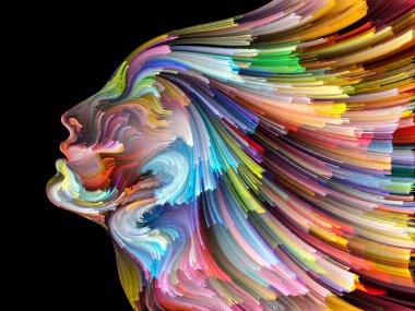 Yüz renk serisi. İnsan profili ve projelerde yaratıcılık, tasarım, iç dünya, içgüdü ve sanatsal ruhu için boya hareketli renkli çizgiler bileşimi