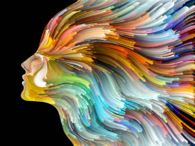 Yüz renk serisi. Zemin tasarımı insan profili ve boya işleri yaratıcılık, tasarım, iç dünya, insan doğası ve sanatsal ruhu için hareketli renkli çizgiler