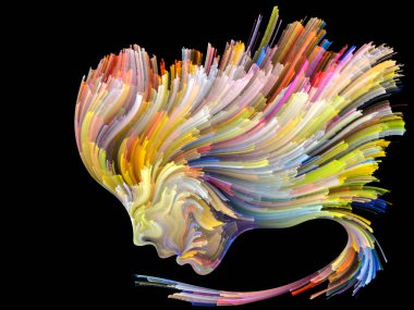 Yüz renk serisi. İnsan profili ve boya uygun yaratıcılık, tasarım, iç dünya, içgüdü ve sanatsal ruhu ile ilgili projelerde hareketli renkli çizgiler soyut kompozisyon