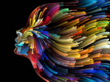 Renk serisinin yüzü. Yaratıcılık, tasarım, iç dünya, insan doğası ve sanatsal ruh projeleri için uygun bir zemin olarak insan profili ve renkli renkli boya çizgileri.