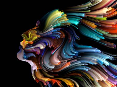 Yüz renk serisi. İnsan profili ve yaratıcılık, tasarım, iç dünya, içgüdü ve sanatsal ruhu projelerde kullanılmak üzere boya hareketli renkli çizgiler sanatsal arka plan yaptı